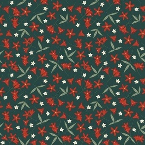Small Ditsy Australian Native Christmas Bush Florals with Platoon Green Background