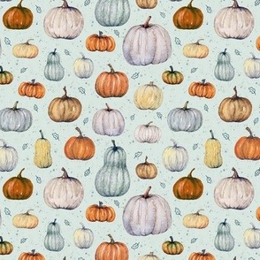 pumpkins on light teal with dots. Small scale