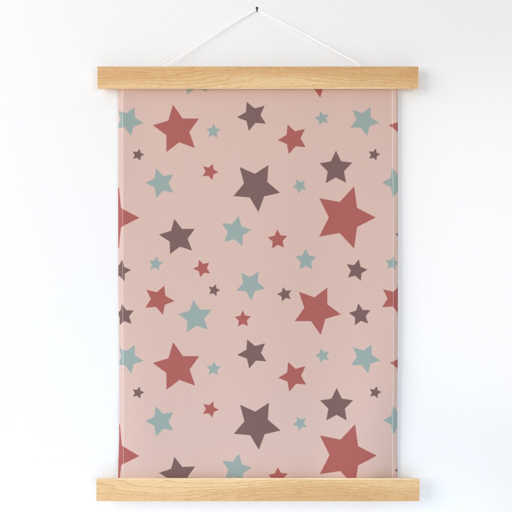 Rose pink, brown and eggshell blue stars on a pale pink background 