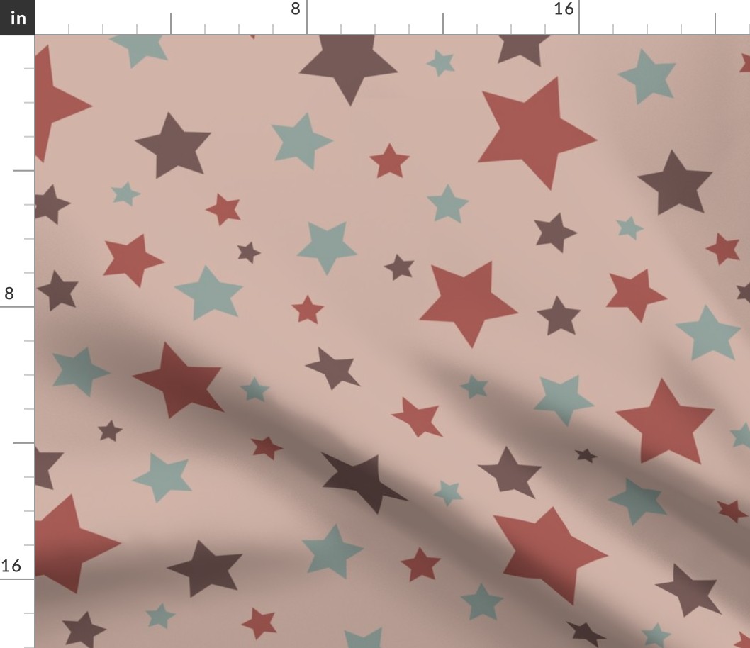 Rose pink, brown and eggshell blue stars on a pale pink background 