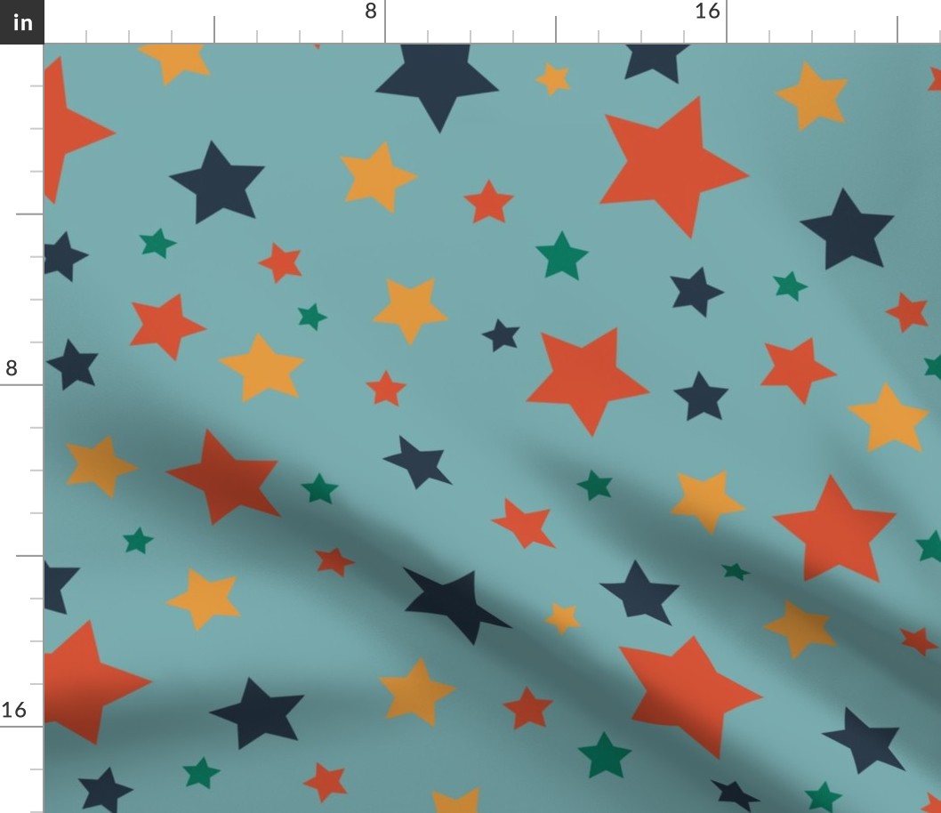 Orange, yellow, green and blue retro stars on pale blue background