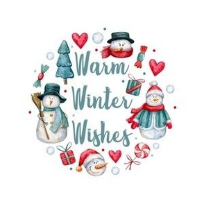 4" Circle Panel Warm Winter Wishes Snowmen for Embroidery Hoop Iron on Patch or Quilt Square