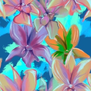 Tropical Orchids Pastel on Blue