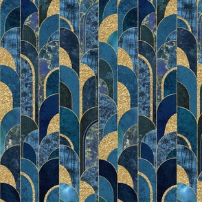 Roaring Twenties Style Moderne Art Deco Fancy Arcs  Pattern Blue Gold Smaller Scale