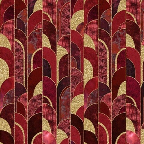 Roaring Twenties Style Moderne Art Deco Fancy Arcs  Pattern Burgundy Red Gold Smaller Scale