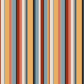Yellow, cream, pale blue, red and grey stripes