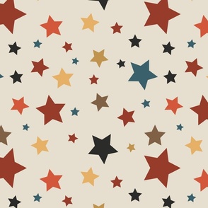 Red, burgundy, yellow, black and teal retro stars on a cream background
