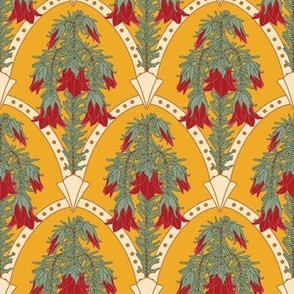 Small Art Deco Australian Native Darwinia Red Flowers Scallops with Rich Yellow Background 