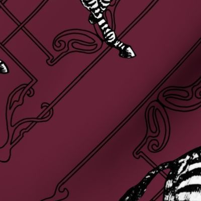 Zebras and Art Deco Latice (dark red background)