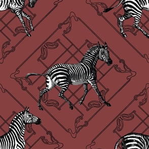 Zebras and Art Deco Latice (faded red background)