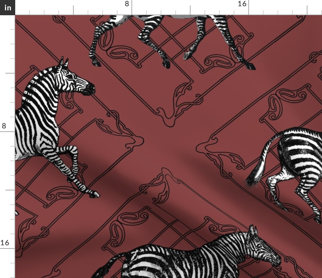 Zebras and Art Deco Latice (faded red background)