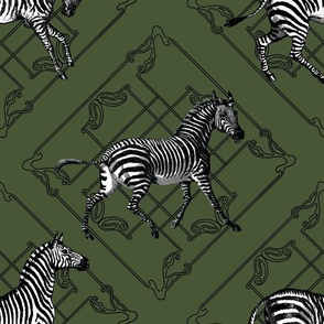 Zebras and Art Deco Latice (green background)