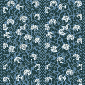 Block print camellias in twilight blue