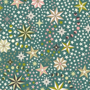 Retro dancing Christmas ditsy stars with moon phases - rose pink, olive, light olive, khaki, charcoal on dark teal - jumbo