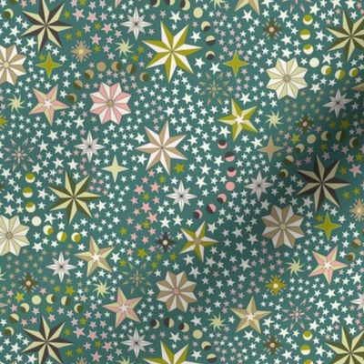 Retro dancing Christmas ditsy stars with moon phases - rose pink, olive, light olive, khaki, charcoal on dark teal - medium