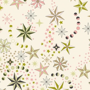 Retro dancing Christmas ditsy stars with moon phases - rose pink, olive, light citrine, khaki, charcoal on ivory - jumbo