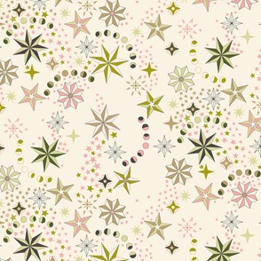 Retro dancing christmas stars with moon phases - rose pink, olive, light citrine, khaki, charcoal on ivory - large