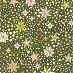 Retro dancing Christmas ditsy stars with moon phases - rose pink, olive, light olive, and ivory on khaki - jumbo