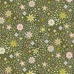 Retro dancing Christmas ditsy stars with moon phases - rose pink, olive, light olive, and ivory on khaki - large