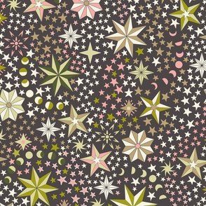 Retro dancing Christmas ditsy stars with moon phases - rose pink, olive, light olive, and ivory on charcoal - jumbo