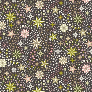 Retro dancing Christmas ditsy stars with moon phases - rose pink, olive, light olive, and ivory on charcoal -large