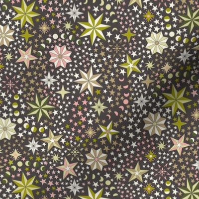 Retro dancing Christmas ditsy stars with moon phases - rose pink, olive, light olive, and ivory on charcoal - medium