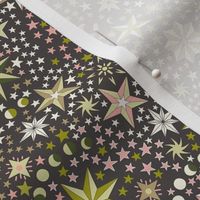 Retro dancing Christmas ditsy stars with moon phases - rose pink, olive, light olive, and ivory on charcoal - medium