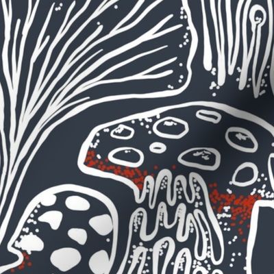 The Mushroom Garden - Medium - charcoal, white and red - fall, mushrooms, botanical, fungi, fungus