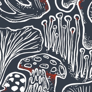 The Mushroom Garden - large - charcoal, white and red - mushrooms, fungi, minimalist, vintage mushrooms