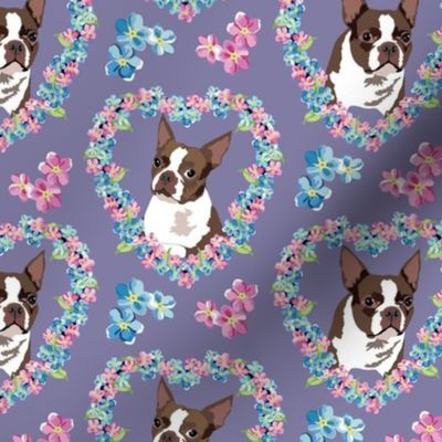 small print // Boston Terriers Pink and blue flower heart wreath  purple background