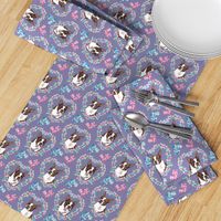 small print // Boston Terriers Pink and blue flower heart wreath  purple background