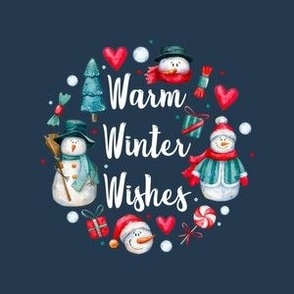 4" Circle Panel Warm Winter Wishes Snowmen on Navy for Embroidery Hoop Iron on Patch or Quilt Square