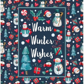 14x18 Panel Warm Winter Wishes Snowmen on Navy for DIY Garden Flag Kitchen Towel or Small Wall Hanging