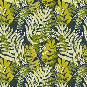 Tropical Leaves on Navy Blue with Autumn Colours #29384C