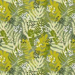 Tropical Leaves on Sage Green with Autumn Colours #7D8E67