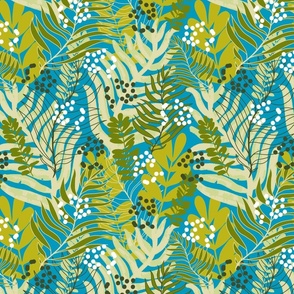 Tropical Leaves on Caribbean Blue with Autumn Colours #0199BE