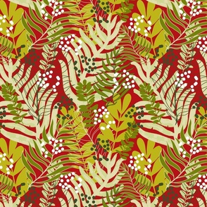 Tropical Leaves on Flamingo red with Autumn Colours (Tropical Flamingo Collection)