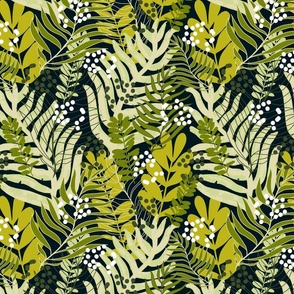 Tropical Leaves on Graphite Black with Autumn Colours #11161E