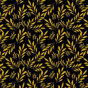  Gold on Black  Scattered Leaf Sprigs