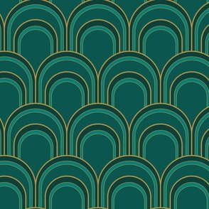 Elegant Art Deco inspired emerald green arches with gold lines in scallop