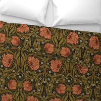 Pimpernel - LARGE - by William Morris - warm peach flowers - sage leaves - Dark Moody Floral black art nouveau art decobackground - adaption with linen effect  perfect for powder room