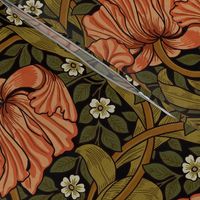 Pimpernel - LARGE - by William Morris - warm peach flowers - sage leaves - Dark Moody Floral black art nouveau art decobackground - adaption with linen effect  perfect for powder room