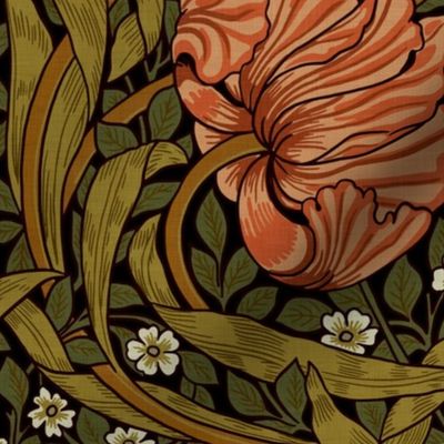 Pimpernel - LARGE - by William Morris - warm peach flowers - sage leaves - Dark Moody Floral black art nouveau art decobackground - adaption with linen effect  perfect for powder room