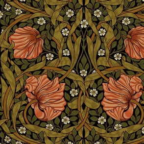 Pimpernel - LARGE - by William Morris - warm peach flowers - sage leaves - Dark Moody Floral black art nouveau art decobackground - adaption with linen effect  perfect for powder room