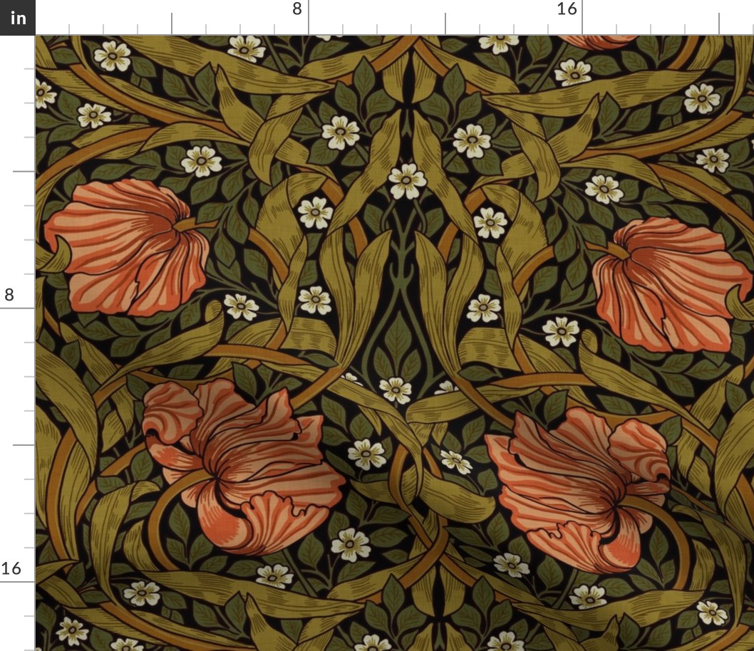 Pimpernel - LARGE - by William Morris - warm peach flowers - sage leaves - Dark Moody Floral black art nouveau art decobackground - adaption with linen effect  perfect for powder room