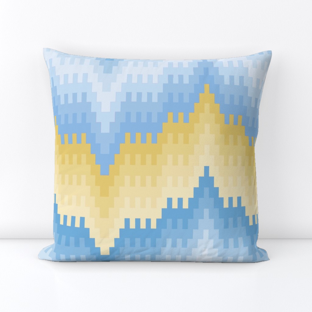 Pastel Blues and Golds Bargello-work Flame-stitch Chevron Cheater Quilt