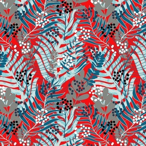 Tropical Leaves on Flamingo Red (Tropical Flamingo Collection)