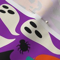 Halloween  Ghosts, Skulls, Jack-O-Lanterns, Bats, Spiders, Spider Web, Black Cat, Witch’s Hat on Purple