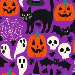 Halloween  Ghosts, Skulls, Jack-O-Lanterns, Bats, Spiders, Spider Web, Black Cat, Witch’s Hat on Purple