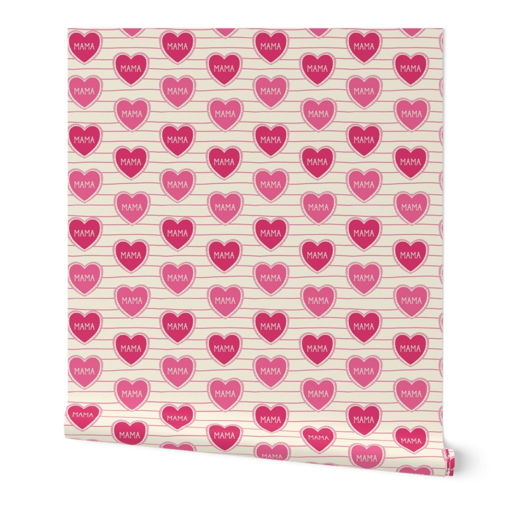 Mother’s Day Red and Pink Heart with Mama Text on Cream with Horizontal Stripes